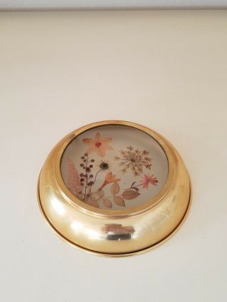 Vintage Brass Plated Trinket Tray or Ash Tray with Pressed Flowers 2