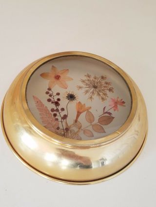 Vintage Brass Plated Trinket Tray or Ash Tray with Pressed Flowers 3