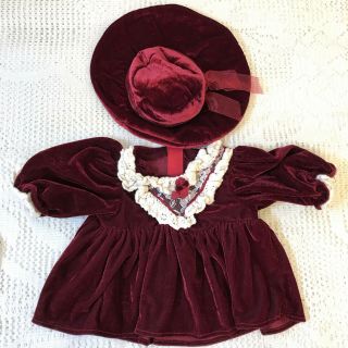 Doll Fancy Dress And Hat Burgundy Velvet Crochet Lace Fits Cabbage Patch Doll