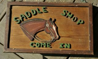 Horse Saddle Shop Saddlery Vintage Texas Folk Art Wooden Sign