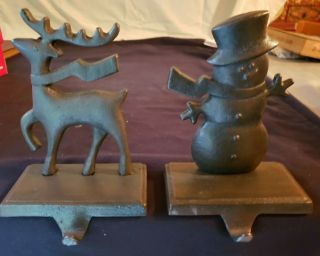 Vintage Cast Iron Snowman & Deer Stocking Hangers Holders Christmas Mantel Decor