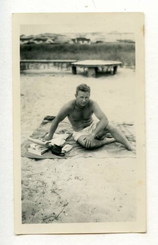 21 Vintage Photo Swimsuit Soldier Man On The Beach Snapshot Gay