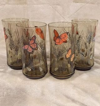 Vtg Set Of 4 Libbey 5 " Tall Smoke Gray Monarch Butterfly Wheat Drink Glasses Cup