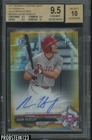 2017 Bowman Chrome Gold Refractor Adam Haseley Rc Rookie Auto /50 Bgs 9.  5