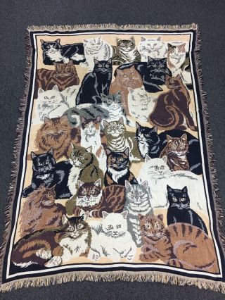 Vtg 80s 90s Cat Tapestry Throw Blanket Goodwin Weavers 50 " X 69 " 100 Cotton