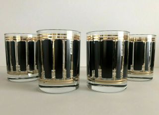 Vintage Mid - Century Set Of 4 Black & Gold Striped Cocktail Glasses 4 1/8 " Tall
