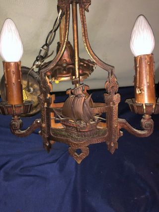 Art Deco Cast Bronze Double Candle Nautical Hanging Fixture Rewired