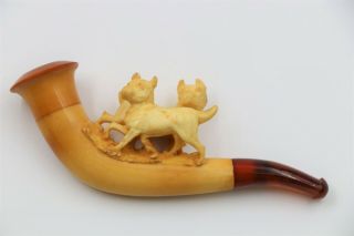 Antique Boxer Dog Carved Meerschaum Pipe With Case