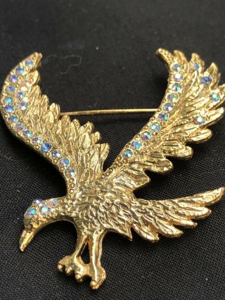 Vintage Jewelry Massive Aurora Borealis Rhinestone Goldtone Eagle Brooch Pin