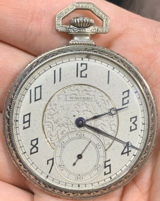Vintage Art Deco Fancy Dial 12s Waltham Pocket Watch 14k White Gold Filled Case