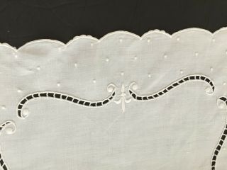 Vintage French Table Runner Hand Embroidered Cutwork White Linen Fleur de Lys 2