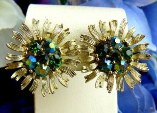 Lisner Vintage Signed Blue Green Ab Rhinestone Flower Design Screwback Earrings