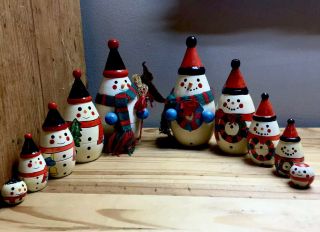 Vintage Christmas Holiday Wooden Nesting Dolls,  Matryoshka Snowman Santa