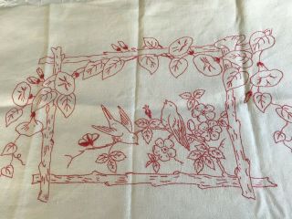 Vintage Redwork Embroidered Pillow Cover With Birds And Flowers,  27.  75 " X 17.  5 "