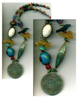 Tibet Trade Beads Pendant Inlay Turquoise Red Coral Beads Baltic Amber Naga 19 "
