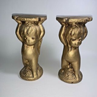 2 Gold Vintage Mcm Cherub Japan Angel Candle Holders 8 Inches Tall