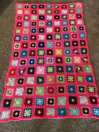 Vintage Hand Made Crochet Granny Square Afghan Blanket Throw Multi Color Pink