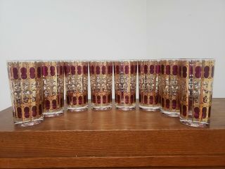 Vintage Set Of 8 Culver Ltd.  Red And Gold Highball Cocktail Glasses
