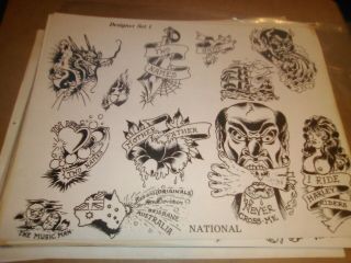 Vintage National Tattoo Designs By Pete Davidson B & W Tattoo Flash Sheet Rare