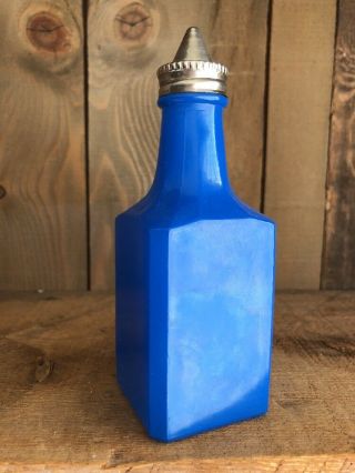 Vintage Blue Gemco Square Glass Oil & Vinegar Cruets Bottles Silver Caps