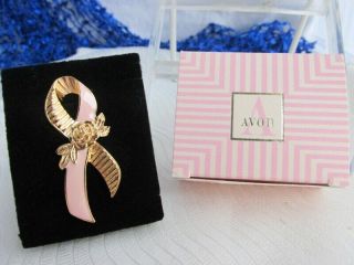 1993 Vintage Avon Pink Enamel Ribbon Pin Goldtone Better Breast Care Large Nos