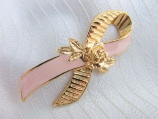 1993 Vintage AVON Pink Enamel Ribbon Pin Goldtone Better Breast Care Large NOS 2
