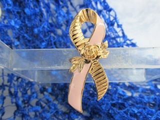 1993 Vintage AVON Pink Enamel Ribbon Pin Goldtone Better Breast Care Large NOS 3