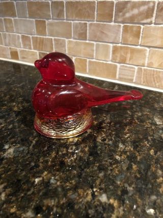 Vintage Kanawha Art Glass Bird On A Nest Figurine Paperweight Red Amberina
