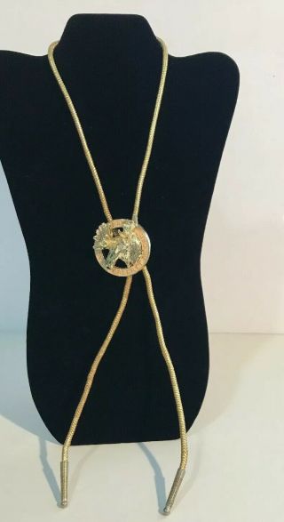 Vintage Loyal Order of Moose Lodge PAP Gold Tone Western Bolo Tie Necklace 2
