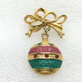 Vintage Christmas Ball Ornament Brooch Pin Rhinestone Enamel Costume Jewelry