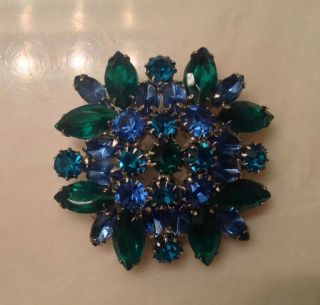 Vintage Juliana Domed Brooch Pin Blue Green Rhinestones Silver Tone Beauty