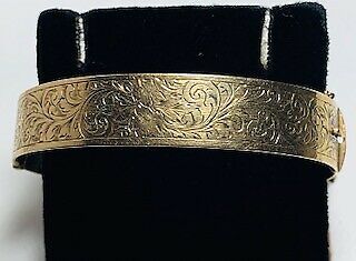 Antique Signed Lagarmic (lw&g) 9k Gold & Bronze Hinged Bangle With Safety Chain