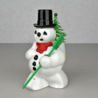 Vintage Hard Plastic Christmas Snowman With Broom And Cigar Candy Treat Holder