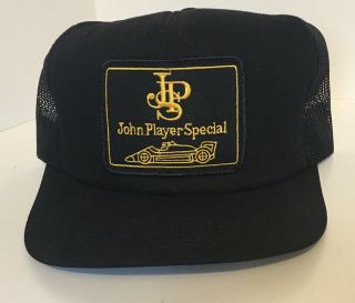 Vtg John Player Special Snapback Trucker Hat Cap Mesh Black Logo F1 Auto Og