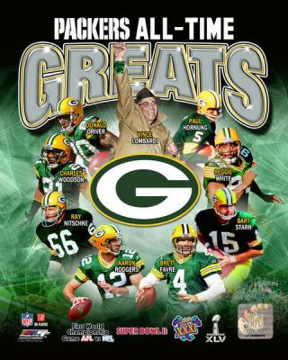 Green Bay Packers All - Time Greats Licensed Photo Rodgers Favre Lombardi Star