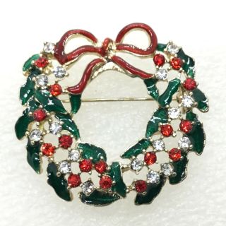 Vintage Christmas Wreath Brooch Pin Red Clear Glass Rhinestone Green Enamel Leaf