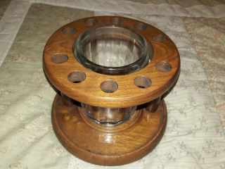 Vintage Wood 10 Pipe Holder Stand With Clear Glass Tobacco Humidor Missing Cover