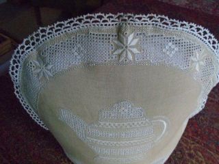 Exquisite Vintage Lefkara Lace Embroidered Tea Pot Cover Exceptional Hand Work