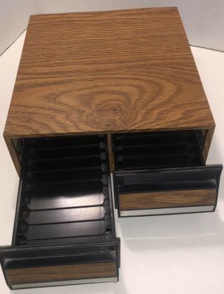 Audio Cassette Holder 28 Tape Storage Case Vintage Wood Grain 2 Drawer Media 2