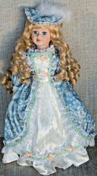 Ashley Belle 16 " Porcelain Doll Blonde Curly Hair Blue Eyes Blue Brocade Dress
