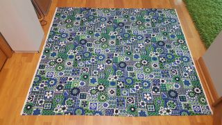 Awesome Rare Vintage Mid Century Retro 70s Green Blue Floral Op Art Fabric Look
