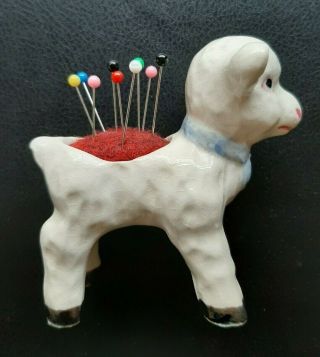 Vintage Porcelain Lamb Pin Cushion Made In Occupied Japan 3 1/2 In.  Long