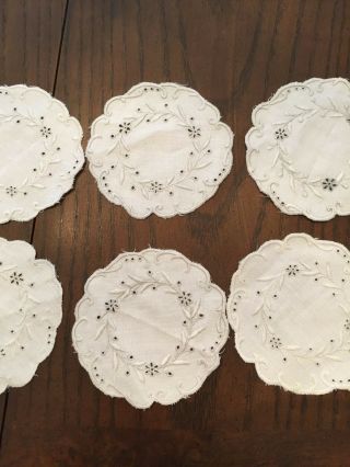 Vintage Set Of 6 Hand Embroidered Round Cocktail Napkins - Coasters -