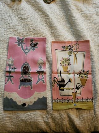 2 Vintage Mid - Century Furniture & Gardening Pink Linen Tea Towels Belgian