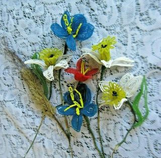 7 Vintage Glass Beaded Flowers Bouquet Daffodils/tulip/other Multicolor