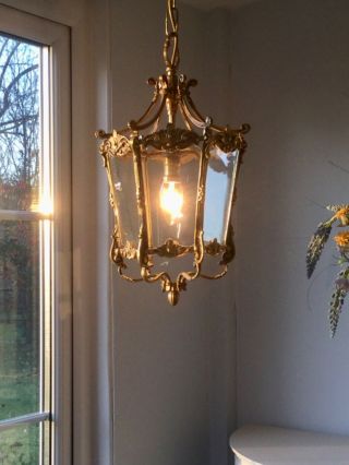 ✨gorgeous Vintage French Gilt Brass & Glass 6 Panel Chandelier Lantern / Light✨