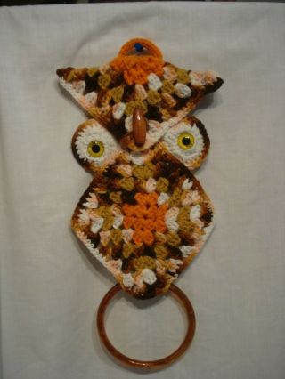 Vintage 1970s Crochet Owl Towel Holder Wall Hanging Kitchen Bath Handmade