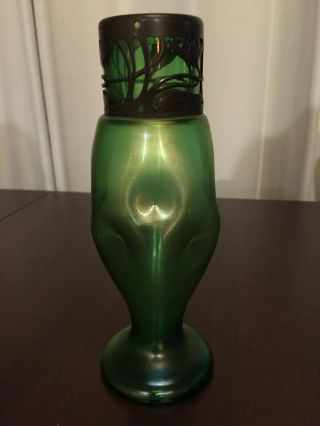 Antique Loetz Glass Vase Green Stretch Metal Art Nouveau Overlay 8 In