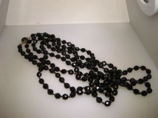 Antique Art Deco Mourning Hand Knotted Black Glass Bead 60 " Necklace