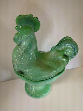 Vintage Green Slag Jadite Glass Covered Rooster Candy Dish,  Collectors Piece.